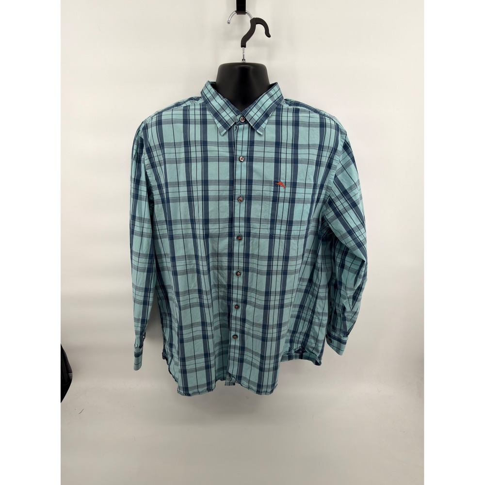 Tommy Bahama Shirt Mens XL Blue‎ Green Plaid Pima Cotton Long Sleeve Button Down